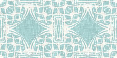Boho Patchwork denizcilik, erkeksi yaz kurdele kesimi. Aqua teal blue vibrant suluboya batik azulejos fayans sınır kapağı arka planı. Kusursuz sahil bulanık keten efekti geometrik mozaik etkisi. 
