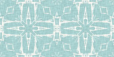 Boho Patchwork denizcilik, erkeksi yaz kurdele kesimi. Aqua teal blue vibrant suluboya batik azulejos fayans sınır kapağı arka planı. Kusursuz sahil bulanık keten efekti geometrik mozaik etkisi. 