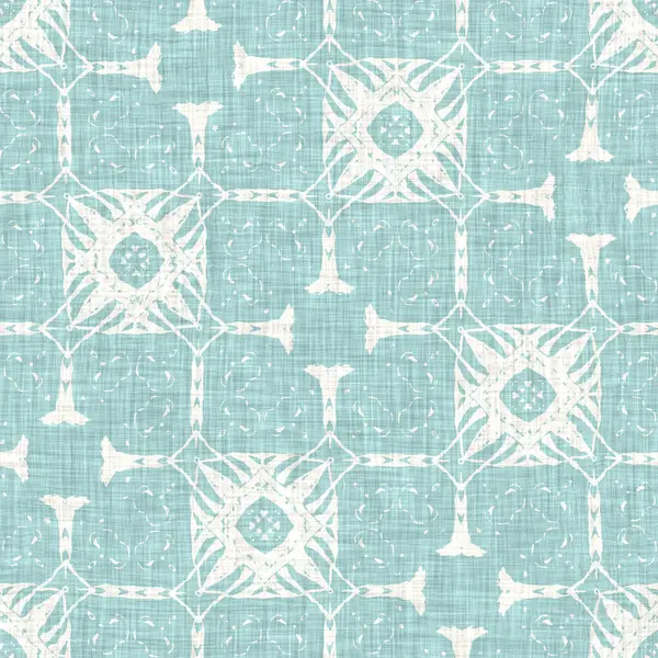 Kusursuz sahil bulanık keten efekti geometrik mozaik etkisi. Boho Patchwork, yaz modası boyunca denizcilik meraklısı. Teal aqua beyaz canlı suluboya batik azulejos fayans arka planı. 