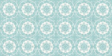 Boho Patchwork denizcilik, erkeksi yaz kurdele kesimi. Aqua teal blue vibrant suluboya batik azulejos fayans sınır kapağı arka planı. Kusursuz sahil bulanık keten efekti geometrik mozaik etkisi. 