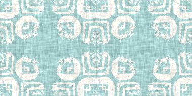 Boho Patchwork denizcilik, erkeksi yaz kurdele kesimi. Aqua teal blue vibrant suluboya batik azulejos fayans sınır kapağı arka planı. Kusursuz sahil bulanık keten efekti geometrik mozaik etkisi. 
