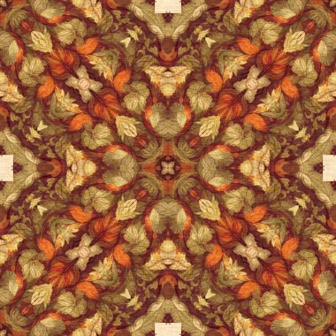 Autumn leaves woodland seamless pattern. Brown retro kaleidoscopic textile print. Backdrop of vintage ornate forest wallpaper. Garden botanical print