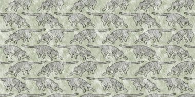 Cute safari wild tiger animal border for babies room decor. Seamless big cat furry green textured gender neutral print design.