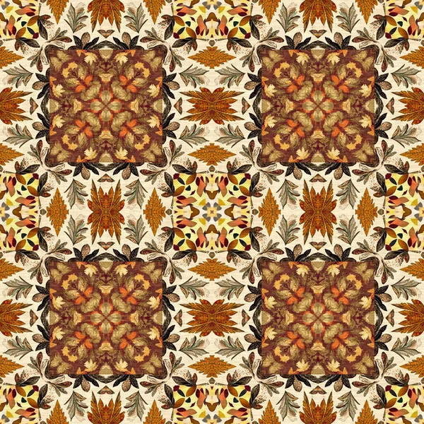 Autumn Leaves Woodland Seamless Pattern Brown Retro Kaleidoscopic Textile Print — Stockfoto