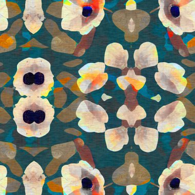 Retro kaleydoskop çiçekli, dikişsiz desen. Botanik Cottagecore duvar kâğıdı için klasik coğrafi cinsiyet nötr moda örneği. Benekli çiçek dokusu için modaya uygun suluboya