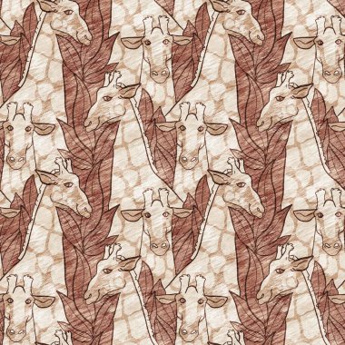 Bebek odası dekorasyonu için şirin bir safari vahşi zürafa deseni. Kusursuz Afrikalı kürklü kahverengi cinsiyet dokusuna sahip nötr iz tasarımı