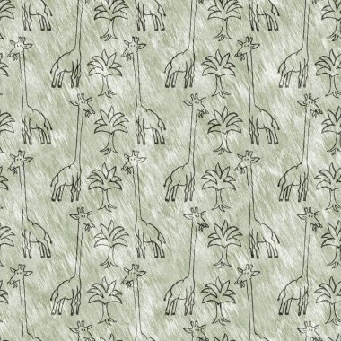 Bebek odası dekorasyonu için şirin bir safari vahşi zürafa deseni. Kusursuz Afrikalı kürklü yeşil, cinsiyet dokusuna sahip nötr baskı tasarımı.