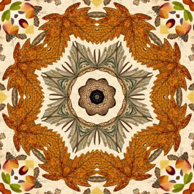 Autumn leaves woodland seamless pattern. Brown retro kaleidoscopic textile print. Backdrop of vintage ornate forest wallpaper. Garden botanical print