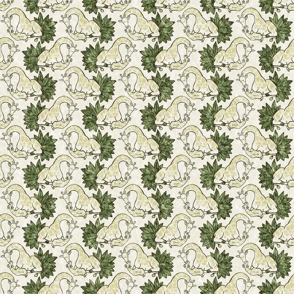 Cute safari wild giraffe animal pattern for babies room decor. Seamless african furry green textured gender neutral print design
