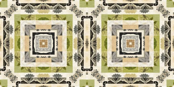 Forest Green Decorative Damask Seamless Border Geometric Kaleidoscope Linen Wallpaper —  Fotos de Stock
