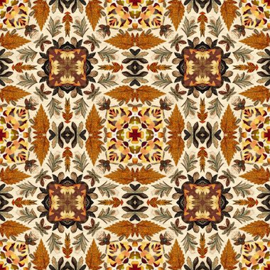 Autumn leaves woodland seamless pattern. Brown retro kaleidoscopic textile print. Backdrop of vintage ornate forest wallpaper. Garden botanical print