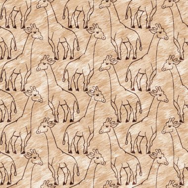 Bebek odası dekorasyonu için şirin bir safari vahşi zürafa deseni. Kusursuz Afrikalı kürklü kahverengi cinsiyet dokusuna sahip nötr iz tasarımı