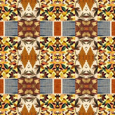 Autumn leaves woodland seamless pattern. Brown retro kaleidoscopic textile print. Backdrop of vintage ornate forest wallpaper. Garden botanical print