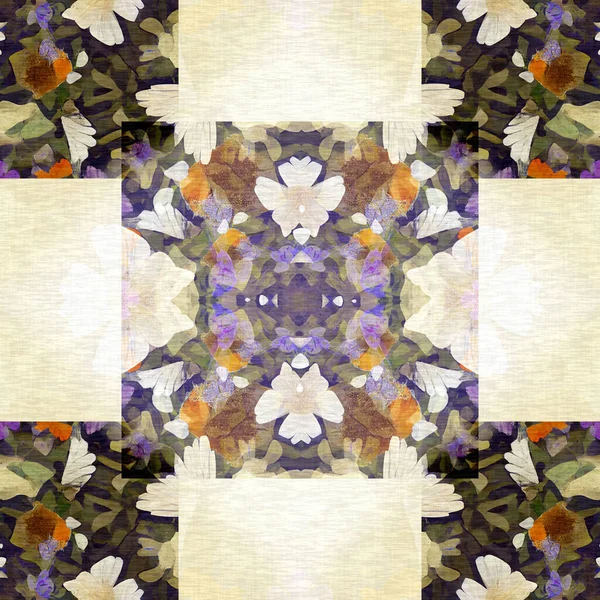 Floral patchwork quilt seamless pattern. Ornate geo swatch for exotic nature wallpaper. Cottagecore flower petal hand made bohemian seamless background