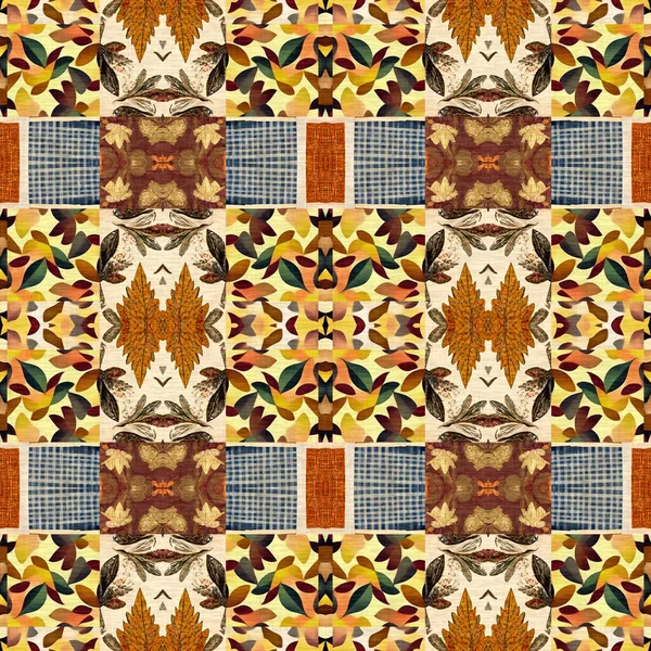 Autumn leaves woodland seamless pattern. Brown retro kaleidoscopic textile print. Backdrop of vintage ornate forest wallpaper. Garden botanical print