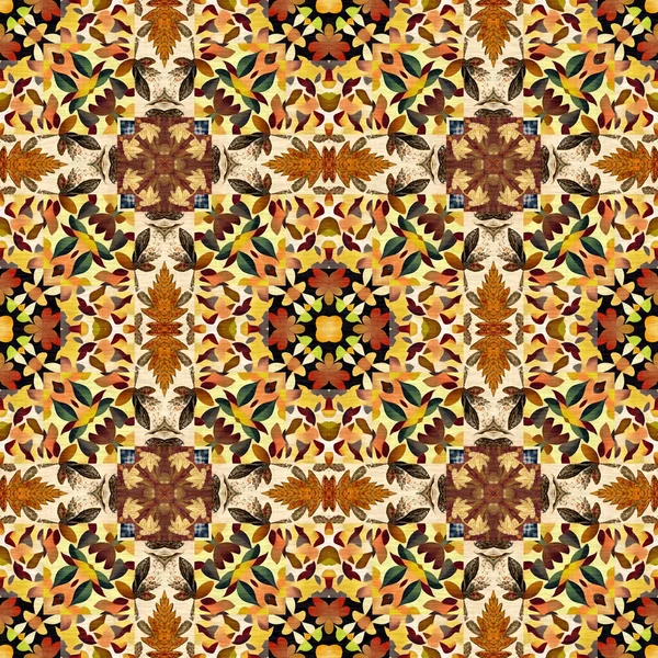 Autumn Leaves Woodland Seamless Pattern Brown Retro Kaleidoscopic Textile Print — 图库照片