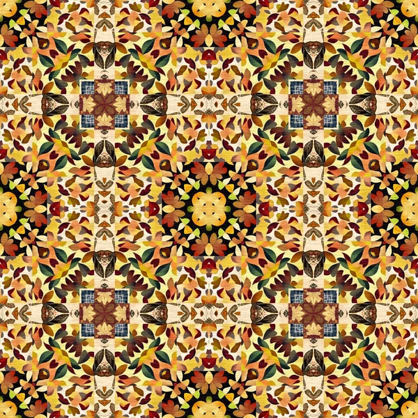 Autumn Leaves Woodland Seamless Pattern Brown Retro Kaleidoscopic Textile Print — Photo