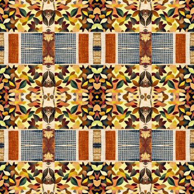 Autumn leaves woodland seamless pattern. Brown retro kaleidoscopic textile print. Backdrop of vintage ornate forest wallpaper. Garden botanical print