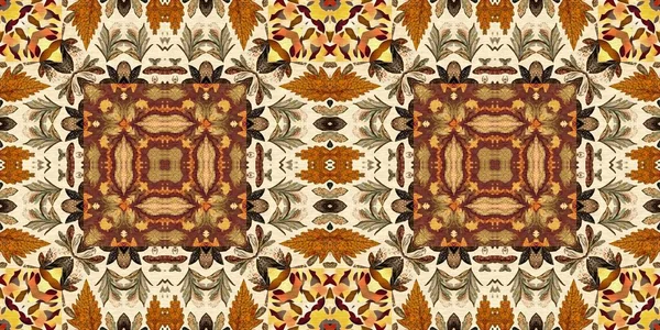 Autumn leaves woodland seamless border. Brown retro kaleidoscopic textile washi tape. Backdrop of vintage ornate forest ribbon. Garden botanical print