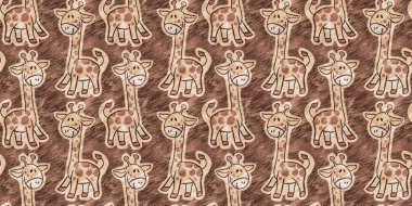 Cute safari wild giraffe animal border for babies room decor. Seamless furry brown textured gender neutral print design.