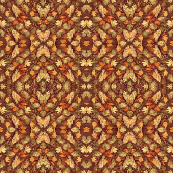 Autumn Leaves Woodland Seamless Pattern Brown Retro Kaleidoscopic Textile Print — 图库照片