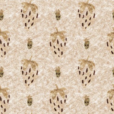 Kahverengi keten keten çilekli, dikişsiz desen. Cottagecore marl retro yaz meyveli duvar kağıdı. Garip, tatlı, sağlıklı, böğürtlen arkaplanı