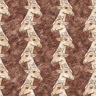 Bebek odası dekorasyonu için şirin bir safari vahşi zürafa deseni. Kusursuz Afrikalı kürklü kahverengi cinsiyet dokusuna sahip nötr iz tasarımı