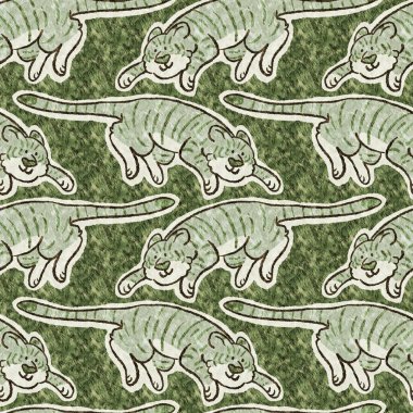 Bebek odası dekorasyonu için şirin bir safari vahşi kaplan deseni. Kusursuz büyük kedi kürklü yeşil desenli cinsiyet nötr iz tasarımı