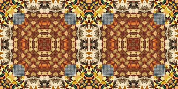 Autumn Leaves Woodland Seamless Border Brown Retro Kaleidoscopic Textile Washi — Stockfoto