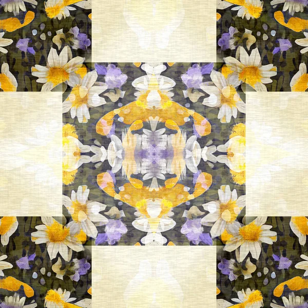 stock image Floral patchwork quilt seamless pattern. Ornate geo swatch for exotic nature wallpaper. Cottagecore flower petal hand made bohemian seamless background