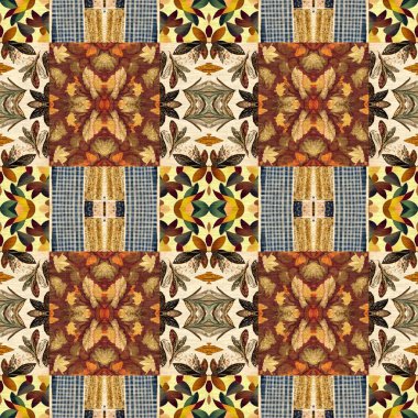 Autumn leaves woodland seamless pattern. Brown retro kaleidoscopic textile print. Backdrop of vintage ornate forest wallpaper. Garden botanical print