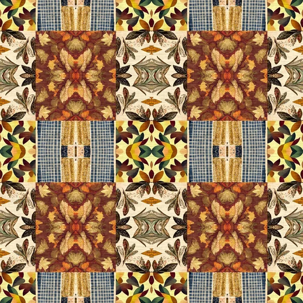 Autumn Leaves Woodland Seamless Pattern Brown Retro Kaleidoscopic Textile Print — ストック写真