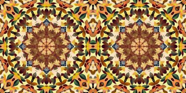 Autumn leaves woodland seamless border. Brown retro kaleidoscopic textile washi tape. Backdrop of vintage ornate forest ribbon. Garden botanical print