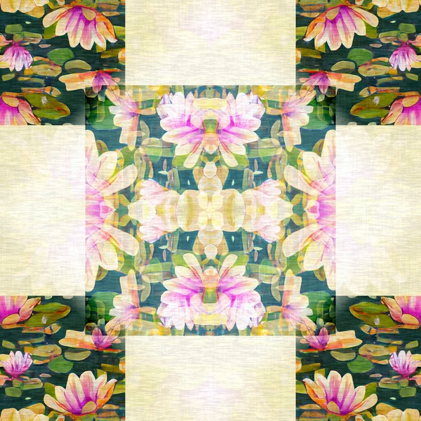 Floral patchwork quilt seamless pattern. Ornate geo swatch for exotic nature wallpaper. Cottagecore flower petal hand made bohemian seamless background