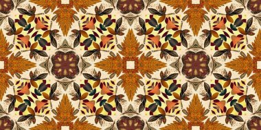 Autumn leaves woodland seamless border. Brown retro kaleidoscopic textile washi tape. Backdrop of vintage ornate forest ribbon. Garden botanical print