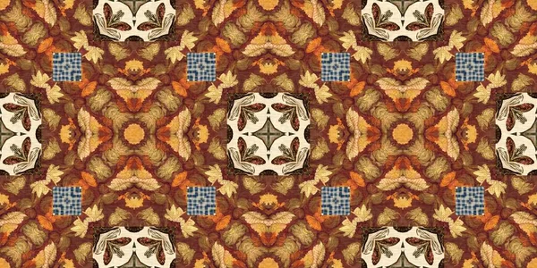 Autumn Leaves Woodland Seamless Border Brown Retro Kaleidoscopic Textile Washi —  Fotos de Stock