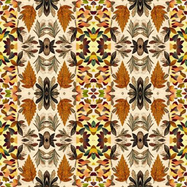 Autumn leaves woodland seamless pattern. Brown retro kaleidoscopic textile print. Backdrop of vintage ornate forest wallpaper. Garden botanical print