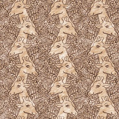 Bebek odası dekorasyonu için şirin bir safari vahşi zürafa deseni. Kusursuz Afrikalı kürklü kahverengi cinsiyet dokusuna sahip nötr iz tasarımı