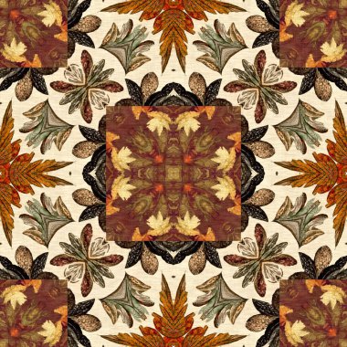 Autumn leaves woodland seamless pattern. Brown retro kaleidoscopic textile print. Backdrop of vintage ornate forest wallpaper. Garden botanical print