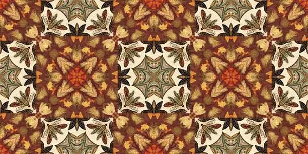 Autumn Leaves Woodland Seamless Border Brown Retro Kaleidoscopic Textile Washi — Fotografia de Stock