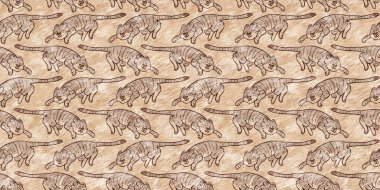 Bebek odası dekorasyonu için şirin bir safari vahşi kaplan sınırı. Kusursuz büyük kedi kürklü kahverengi cinsiyet şekilli nötr iz tasarımı