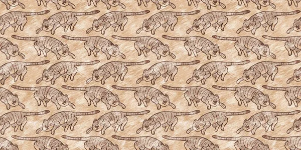 可爱的狩猎野生动物边界为婴儿房间装饰 无缝隙大猫毛棕色纹理中性印花设计 — 图库照片