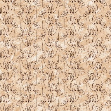 Bebek odası dekorasyonu için şirin bir safari vahşi zürafa deseni. Kusursuz Afrikalı kürklü kahverengi cinsiyet dokusuna sahip nötr iz tasarımı