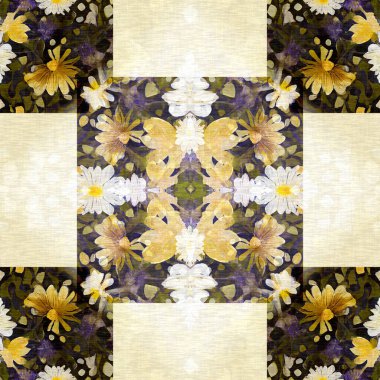 Çiçek işlemeli yorgan dikişsiz desen. Egzotik doğa duvar kâğıdı için dekoratif bir coğrafi örnek. Cottagecore çiçek yapraklı el bohem arkaplanı