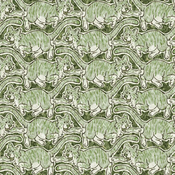 Cute safari wild tiger animal pattern for babies room decor. Seamless big cat furry green textured gender neutral print design