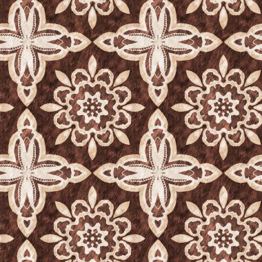 Mosaic geometric dark brown seamless texture pattern. Trendy kaleidoscope woven design for printed fabric. Rough abstract textile design