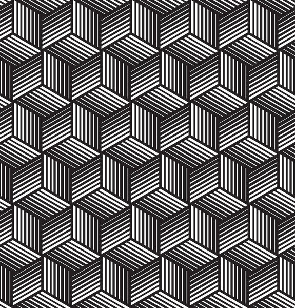 Бесшовный абстрактный геометрический узор с белыми полосатыми кубиками на черном фоне. Оптическое искусство. Векторное изображение для текстиля, упаковки, печати, паутины и всех декоративных проектов.