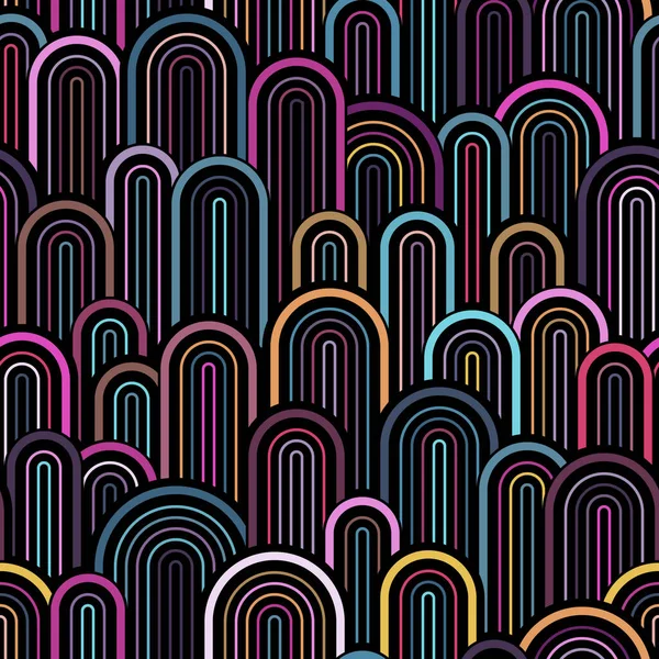 Nahtloses Geometrisches Muster Mit Schwarzen Elementen Und Mehrfarbigen Linien Moderner — Stockvektor
