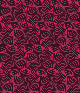 Doğrusal sanat üçgenleri olan kusursuz soyut geometrik desen. Siyah arka planda çizgili kırmızı ağ. Dekoratif vektör resmi.