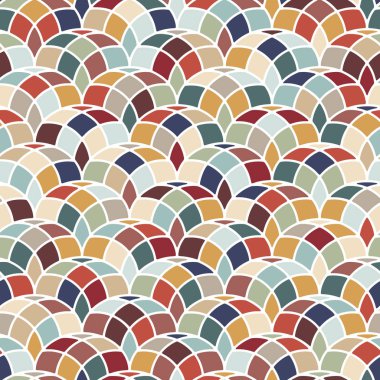 Kusursuz soyut geometrik desen. Mozaik tarzda daire dalgaları motifi, yeşil, mavi, kırmızı ve sarı kaplamalı fayanslar. Vektör illüstrasyonu.